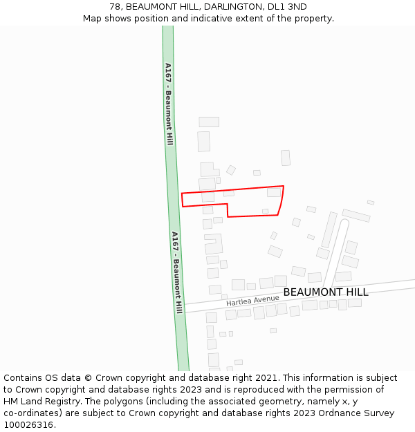 78, BEAUMONT HILL, DARLINGTON, DL1 3ND: Location map and indicative extent of plot