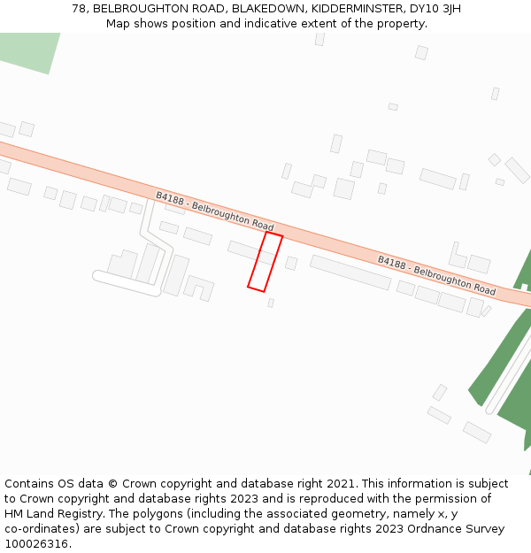 78, BELBROUGHTON ROAD, BLAKEDOWN, KIDDERMINSTER, DY10 3JH: Location map and indicative extent of plot