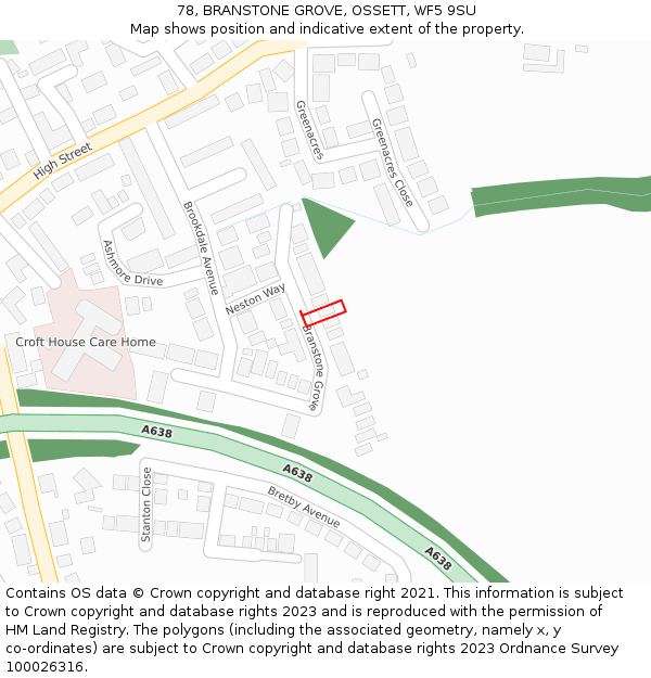 78, BRANSTONE GROVE, OSSETT, WF5 9SU: Location map and indicative extent of plot