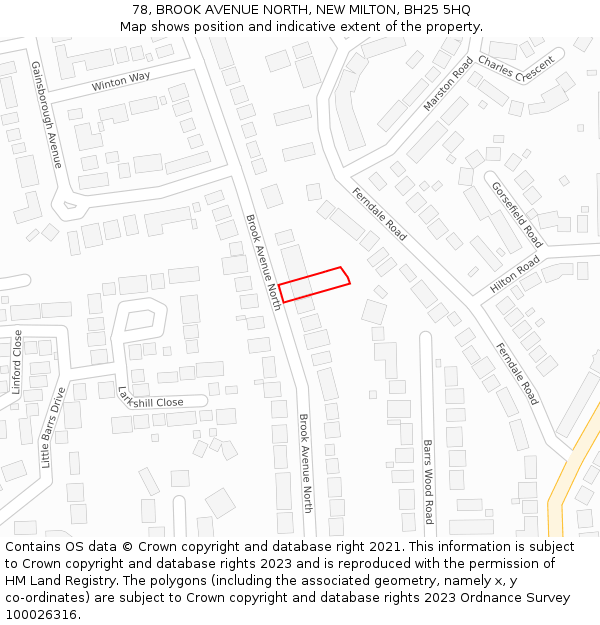 78, BROOK AVENUE NORTH, NEW MILTON, BH25 5HQ: Location map and indicative extent of plot