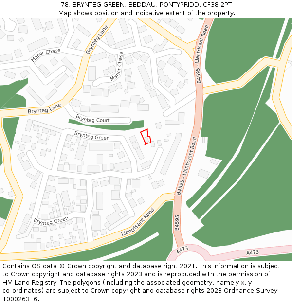 78, BRYNTEG GREEN, BEDDAU, PONTYPRIDD, CF38 2PT: Location map and indicative extent of plot