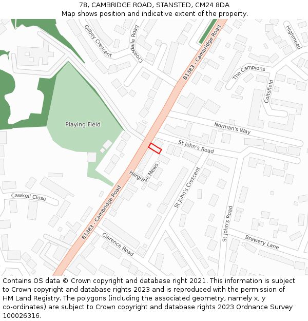 78, CAMBRIDGE ROAD, STANSTED, CM24 8DA: Location map and indicative extent of plot