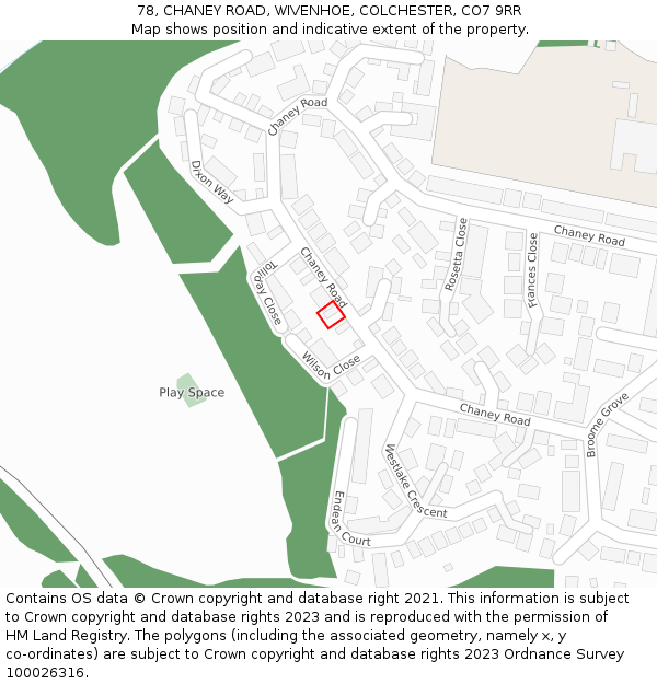 78, CHANEY ROAD, WIVENHOE, COLCHESTER, CO7 9RR: Location map and indicative extent of plot