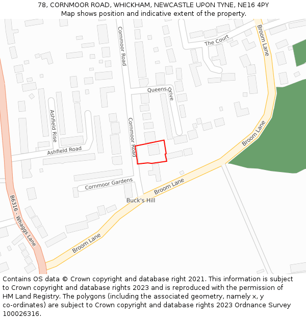 78, CORNMOOR ROAD, WHICKHAM, NEWCASTLE UPON TYNE, NE16 4PY: Location map and indicative extent of plot