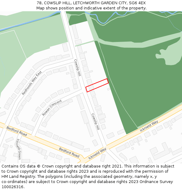 78, COWSLIP HILL, LETCHWORTH GARDEN CITY, SG6 4EX: Location map and indicative extent of plot