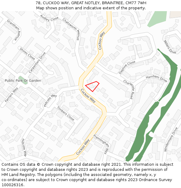 78, CUCKOO WAY, GREAT NOTLEY, BRAINTREE, CM77 7WH: Location map and indicative extent of plot