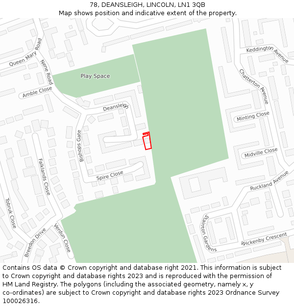 78, DEANSLEIGH, LINCOLN, LN1 3QB: Location map and indicative extent of plot