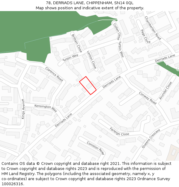 78, DERRIADS LANE, CHIPPENHAM, SN14 0QL: Location map and indicative extent of plot