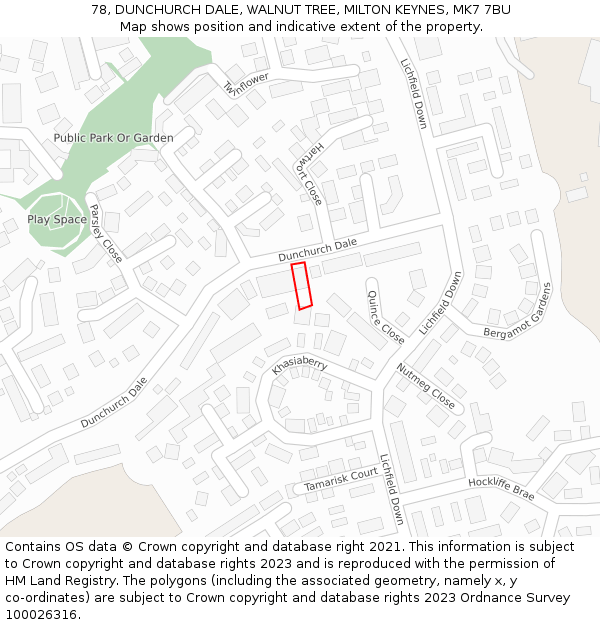 78, DUNCHURCH DALE, WALNUT TREE, MILTON KEYNES, MK7 7BU: Location map and indicative extent of plot