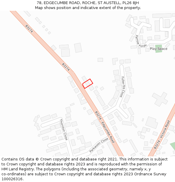 78, EDGECUMBE ROAD, ROCHE, ST AUSTELL, PL26 8JH: Location map and indicative extent of plot
