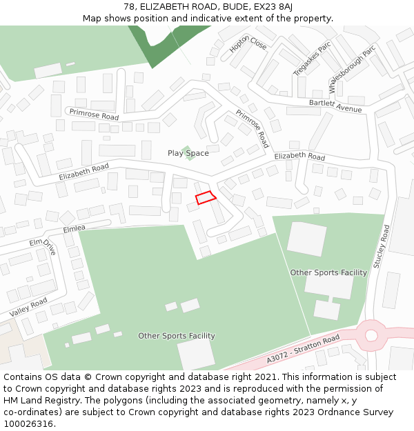 78, ELIZABETH ROAD, BUDE, EX23 8AJ: Location map and indicative extent of plot