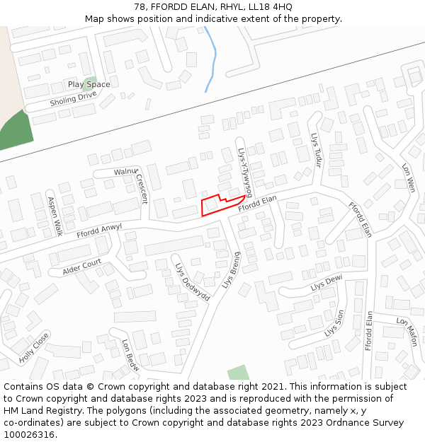 78, FFORDD ELAN, RHYL, LL18 4HQ: Location map and indicative extent of plot