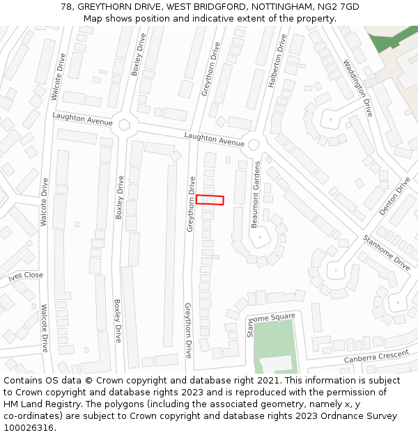 78, GREYTHORN DRIVE, WEST BRIDGFORD, NOTTINGHAM, NG2 7GD: Location map and indicative extent of plot