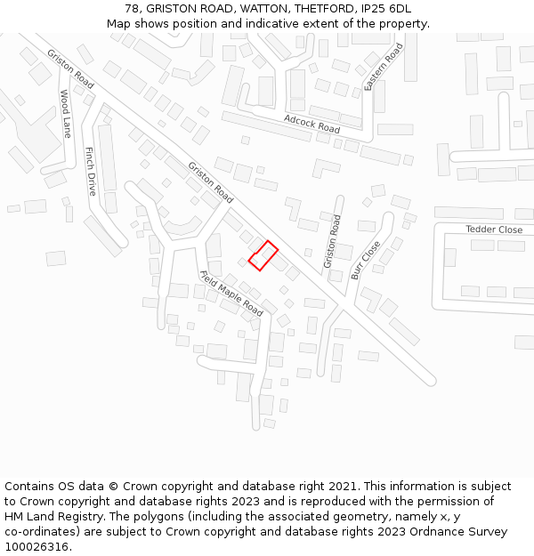 78, GRISTON ROAD, WATTON, THETFORD, IP25 6DL: Location map and indicative extent of plot