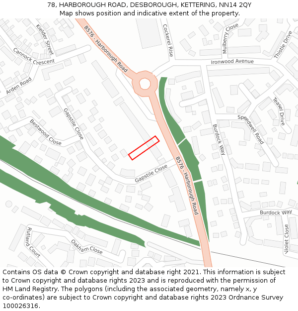 78, HARBOROUGH ROAD, DESBOROUGH, KETTERING, NN14 2QY: Location map and indicative extent of plot