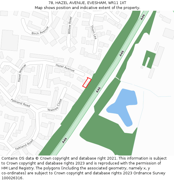 78, HAZEL AVENUE, EVESHAM, WR11 1XT: Location map and indicative extent of plot