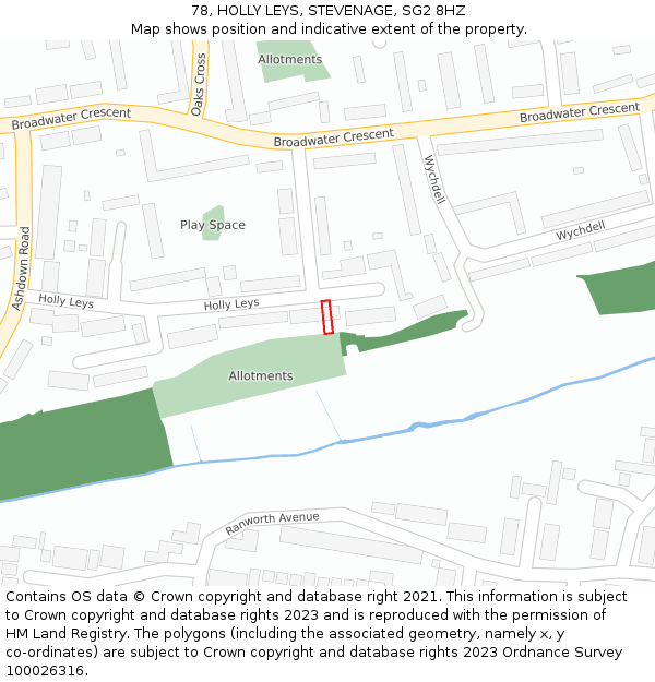 78, HOLLY LEYS, STEVENAGE, SG2 8HZ: Location map and indicative extent of plot