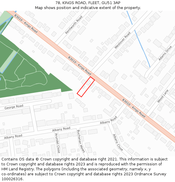 78, KINGS ROAD, FLEET, GU51 3AP: Location map and indicative extent of plot