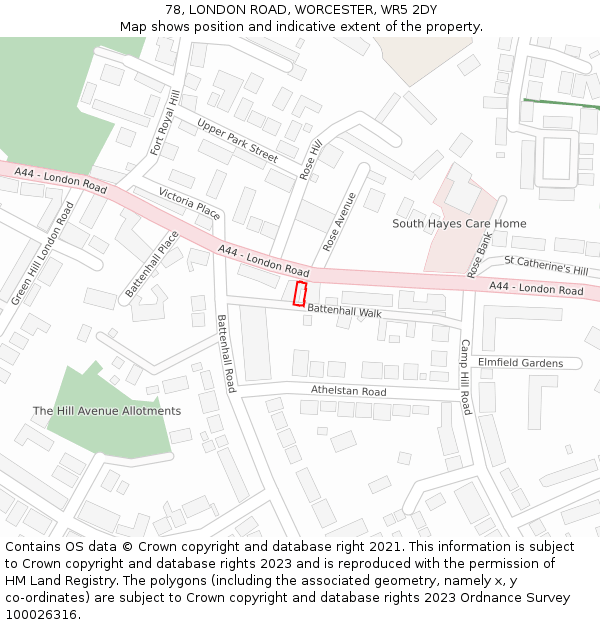 78, LONDON ROAD, WORCESTER, WR5 2DY: Location map and indicative extent of plot