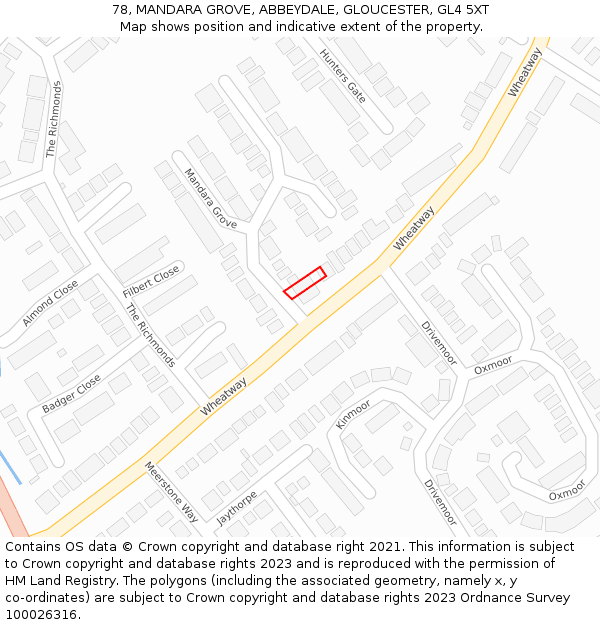78, MANDARA GROVE, ABBEYDALE, GLOUCESTER, GL4 5XT: Location map and indicative extent of plot