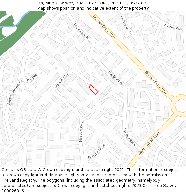 78, MEADOW WAY, BRADLEY STOKE, BRISTOL, BS32 8BP: Location map and indicative extent of plot