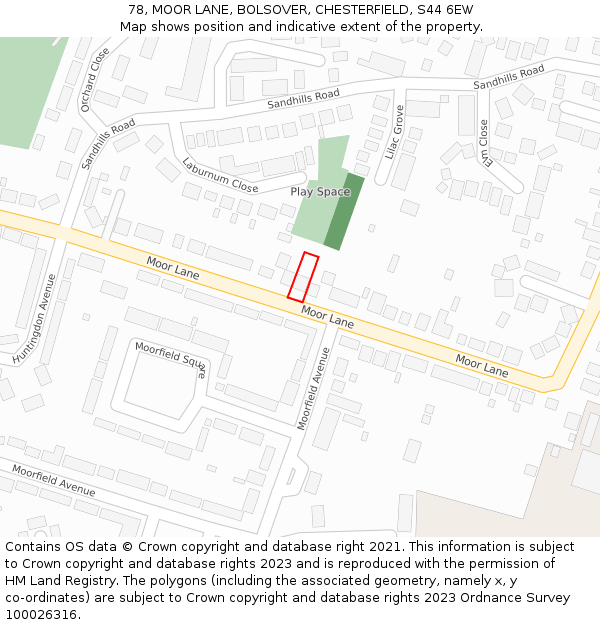 78, MOOR LANE, BOLSOVER, CHESTERFIELD, S44 6EW: Location map and indicative extent of plot