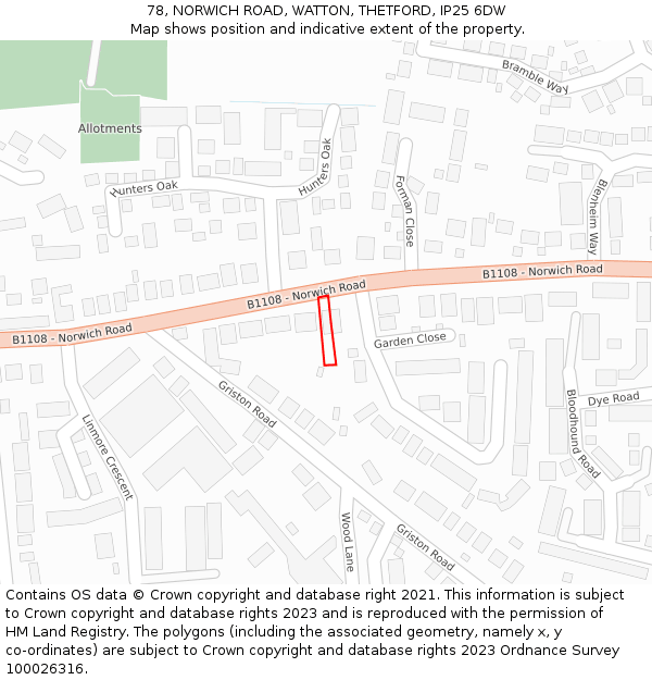 78, NORWICH ROAD, WATTON, THETFORD, IP25 6DW: Location map and indicative extent of plot