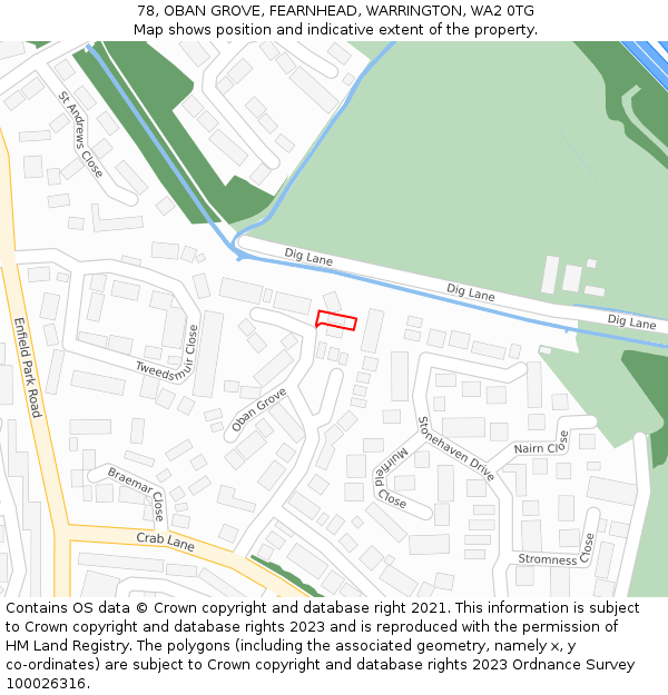 78, OBAN GROVE, FEARNHEAD, WARRINGTON, WA2 0TG: Location map and indicative extent of plot