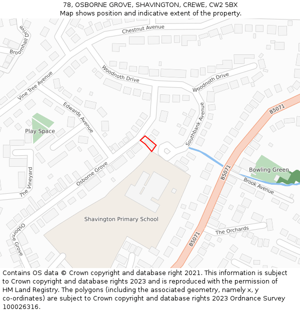 78, OSBORNE GROVE, SHAVINGTON, CREWE, CW2 5BX: Location map and indicative extent of plot