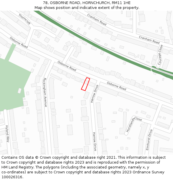 78, OSBORNE ROAD, HORNCHURCH, RM11 1HE: Location map and indicative extent of plot