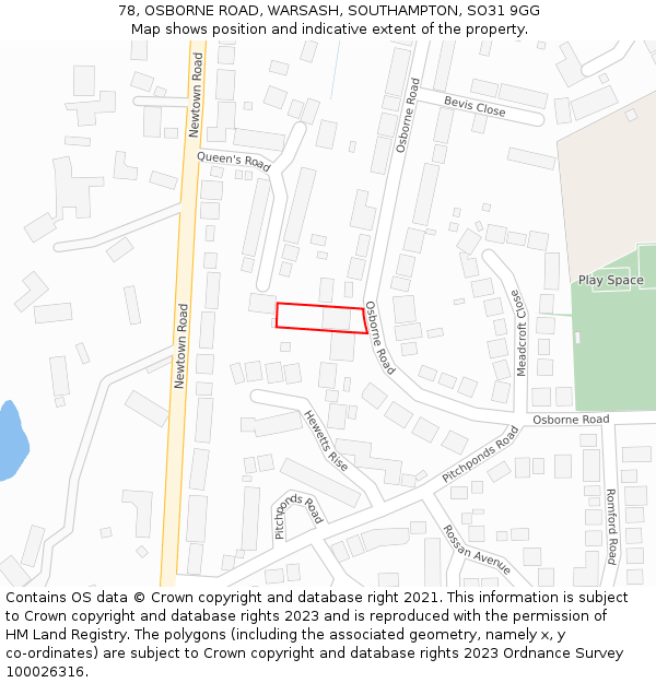 78, OSBORNE ROAD, WARSASH, SOUTHAMPTON, SO31 9GG: Location map and indicative extent of plot