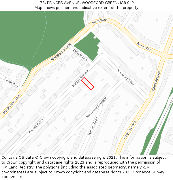78, PRINCES AVENUE, WOODFORD GREEN, IG8 0LP: Location map and indicative extent of plot