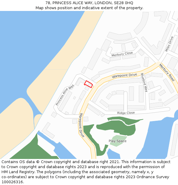 78, PRINCESS ALICE WAY, LONDON, SE28 0HQ: Location map and indicative extent of plot