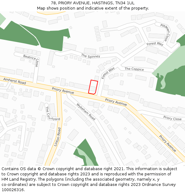 78, PRIORY AVENUE, HASTINGS, TN34 1UL: Location map and indicative extent of plot