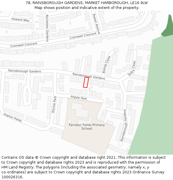 78, RAINSBOROUGH GARDENS, MARKET HARBOROUGH, LE16 9LW: Location map and indicative extent of plot