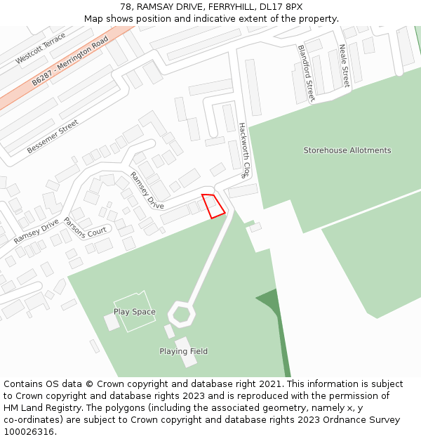 78, RAMSAY DRIVE, FERRYHILL, DL17 8PX: Location map and indicative extent of plot