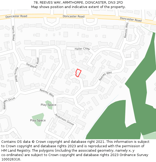 78, REEVES WAY, ARMTHORPE, DONCASTER, DN3 2FD: Location map and indicative extent of plot