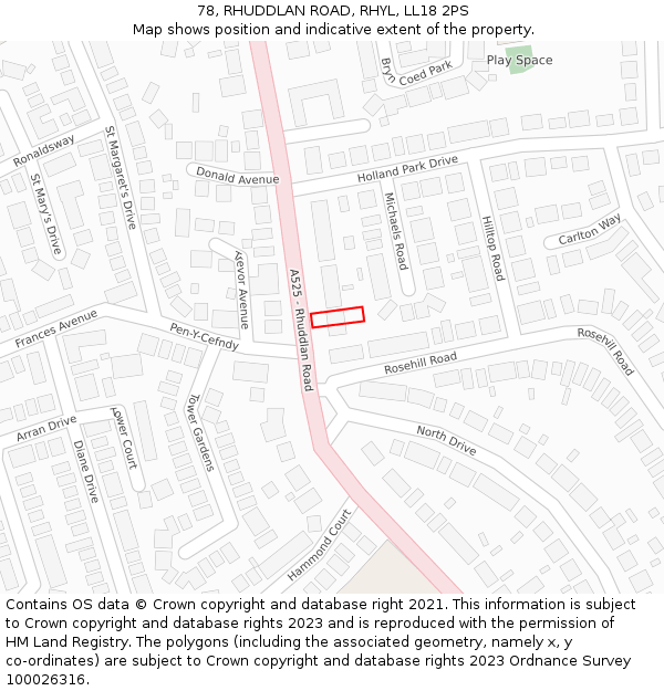 78, RHUDDLAN ROAD, RHYL, LL18 2PS: Location map and indicative extent of plot