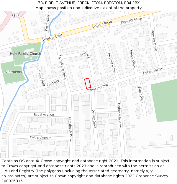 78, RIBBLE AVENUE, FRECKLETON, PRESTON, PR4 1RX: Location map and indicative extent of plot