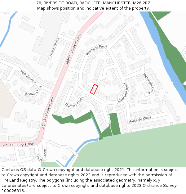 78, RIVERSIDE ROAD, RADCLIFFE, MANCHESTER, M26 2PZ: Location map and indicative extent of plot