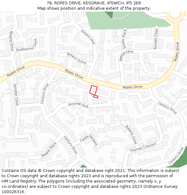 78, ROPES DRIVE, KESGRAVE, IPSWICH, IP5 2ER: Location map and indicative extent of plot