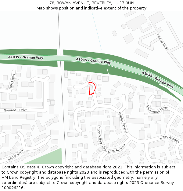 78, ROWAN AVENUE, BEVERLEY, HU17 9UN: Location map and indicative extent of plot