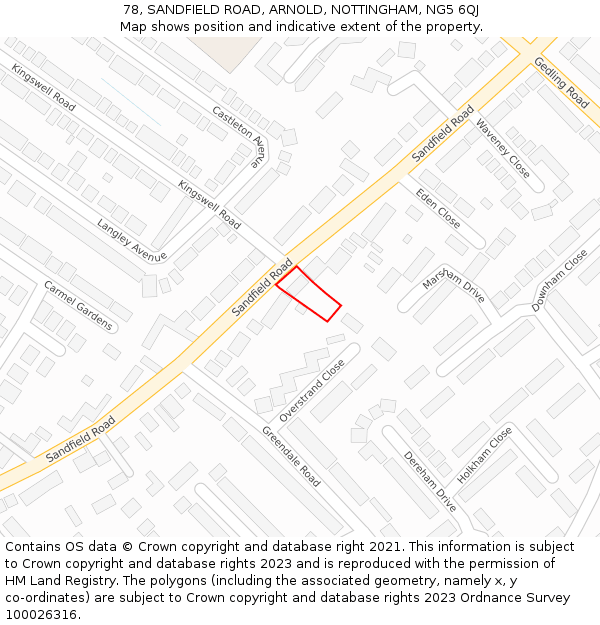 78, SANDFIELD ROAD, ARNOLD, NOTTINGHAM, NG5 6QJ: Location map and indicative extent of plot