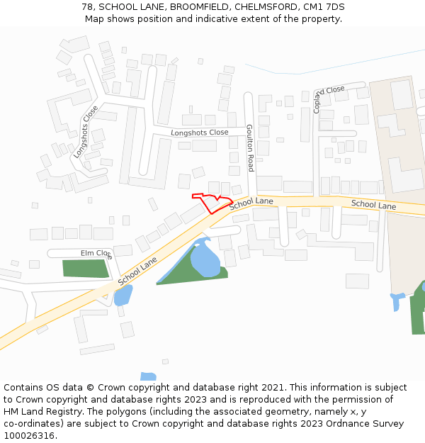 78, SCHOOL LANE, BROOMFIELD, CHELMSFORD, CM1 7DS: Location map and indicative extent of plot
