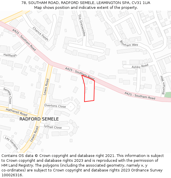 78, SOUTHAM ROAD, RADFORD SEMELE, LEAMINGTON SPA, CV31 1UA: Location map and indicative extent of plot