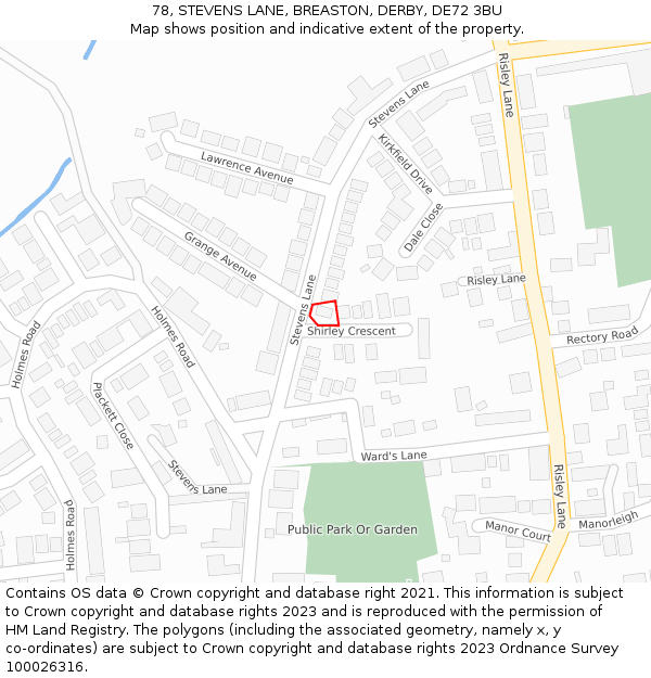 78, STEVENS LANE, BREASTON, DERBY, DE72 3BU: Location map and indicative extent of plot