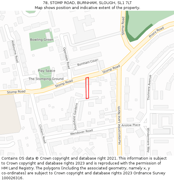 78, STOMP ROAD, BURNHAM, SLOUGH, SL1 7LT: Location map and indicative extent of plot