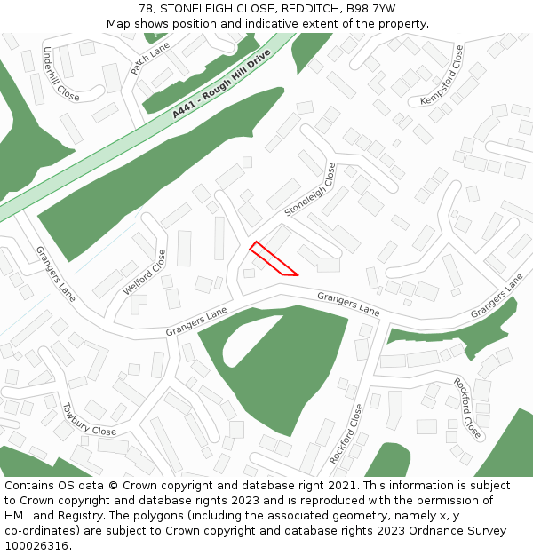 78, STONELEIGH CLOSE, REDDITCH, B98 7YW: Location map and indicative extent of plot