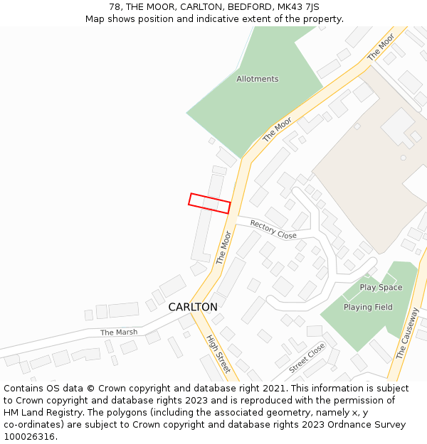 78, THE MOOR, CARLTON, BEDFORD, MK43 7JS: Location map and indicative extent of plot