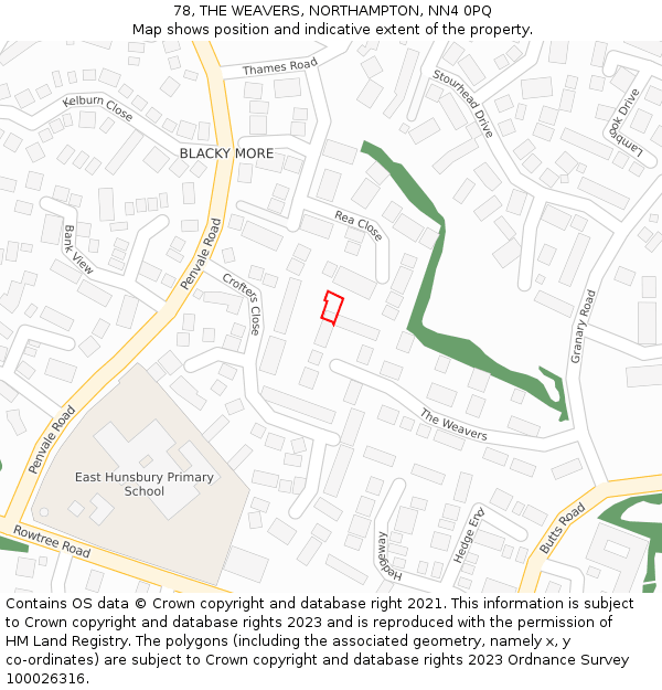 78, THE WEAVERS, NORTHAMPTON, NN4 0PQ: Location map and indicative extent of plot